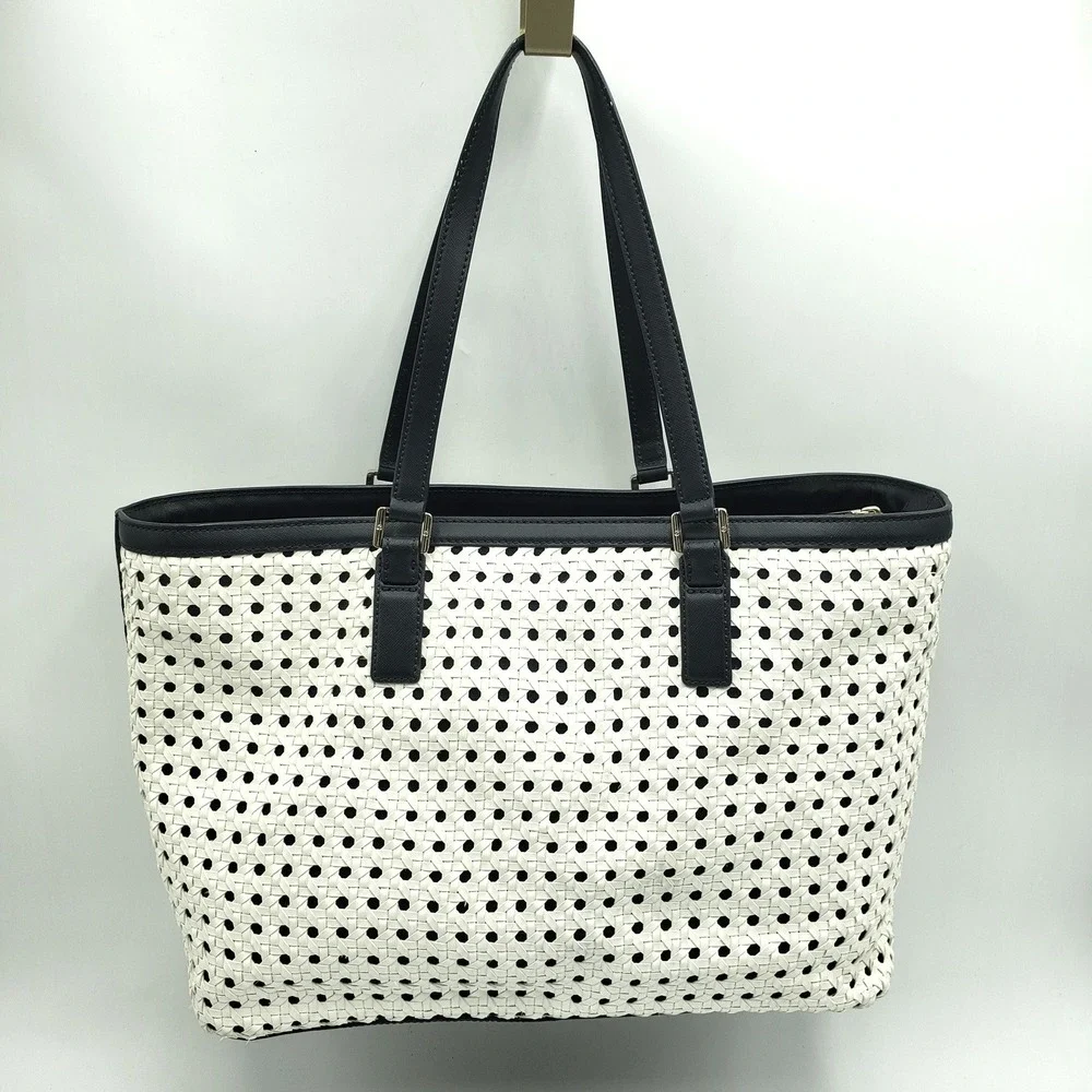 Tory Burch Robinson Basket Weave Tote Bag Woven Leather Cream Navy Blue Purse